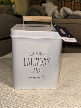 NWT RAE DUNN SELF-SERVICE LAUNDRY STORAGE TIN WOODHANDLE LAUNDRY ORGANIZATION